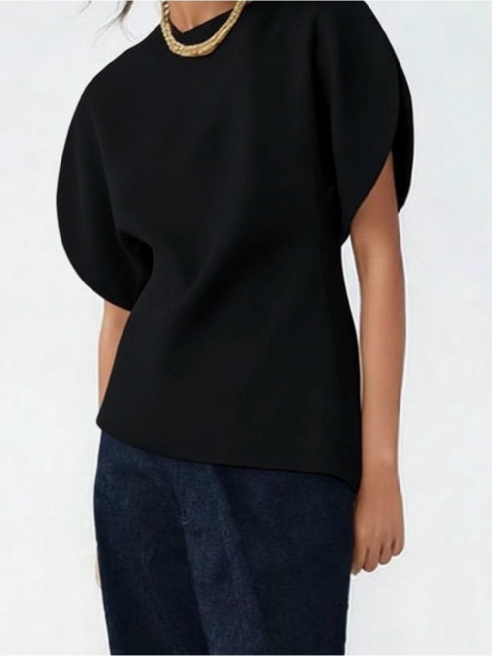 Draped Black Short-Sleeve Women's Top